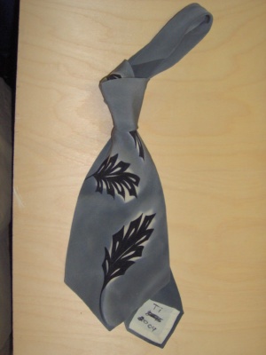 Grey and cream and black Necktie-TI 2009- hand painted leaves