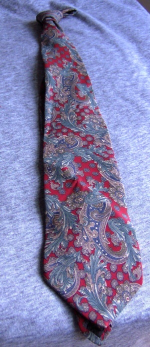 Red, green, blue, brown, and cream Necktie-TI 7057- paisley print; silk