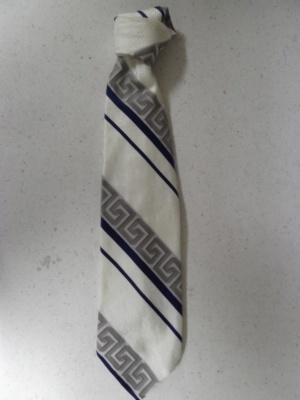 White, blue, and grey Necktie-TI 8014- Striped and geometric line pattern.