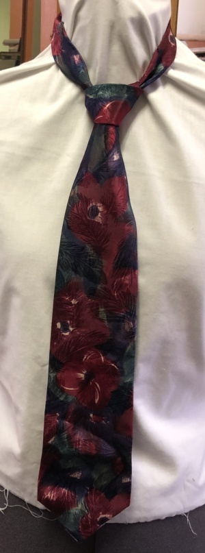 Purple, blue, and green Necktie-TI 9041- Flowers and leaves, somewhat ragged at bottom