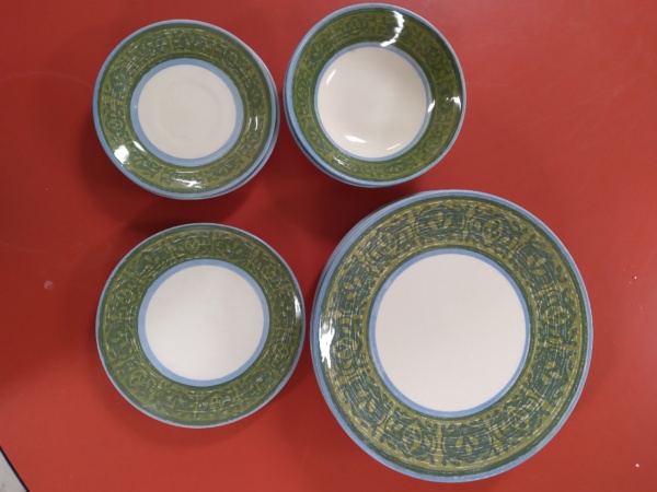 Green-rimmed plates and bowls