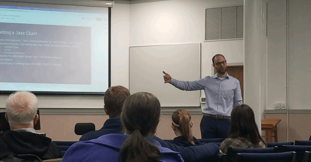 Kieckhafer presents his workshop, encouraging students to build relationships and providing other practical advice.